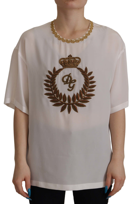 Dolce & Gabbana Witte Zijden Blouse met Gouden DG Kroon en Kristallen
