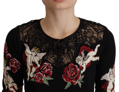 Dolce & Gabbana Zwarte Kant Angel Roses Cardigan Trui