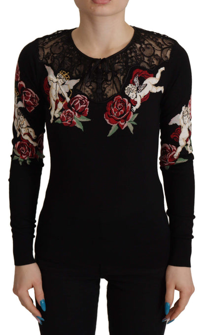 Dolce & Gabbana Zwarte Kant Angel Roses Cardigan Trui