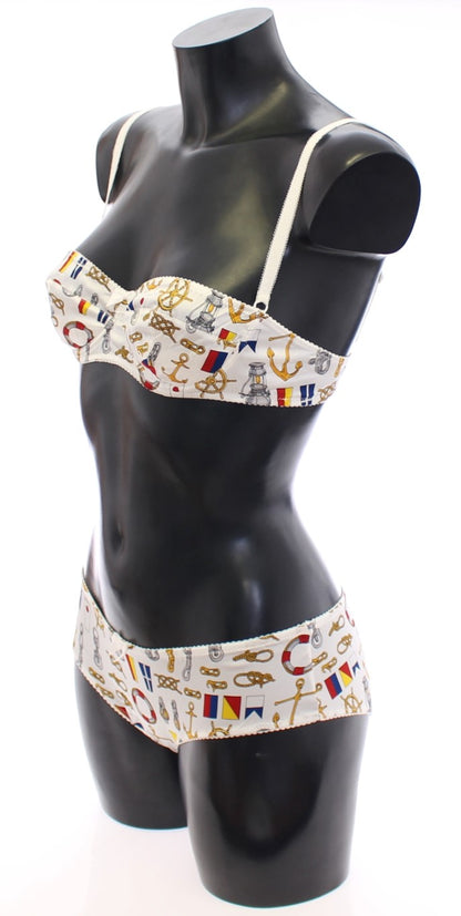 Dolce & Gabbana Lingerie en coton extensible, ensemble soutien-gorge et culotte marin blanc.