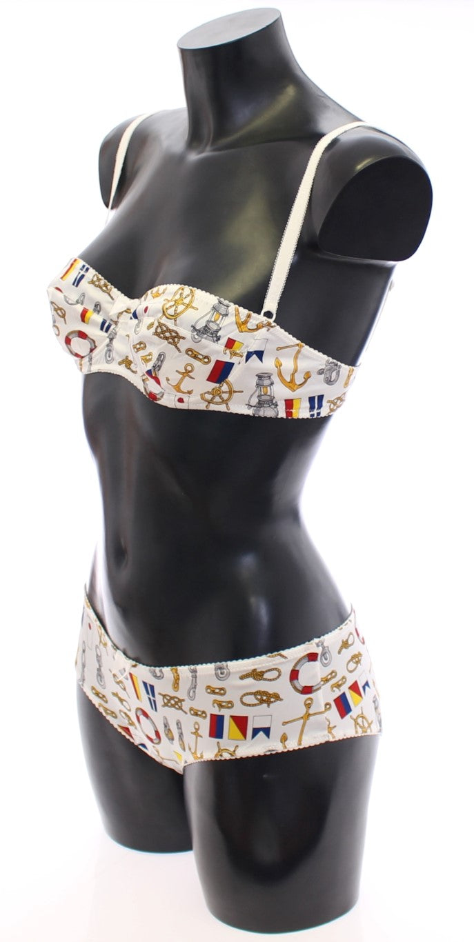 Dolce &amp; Gabbana Lingerie en coton extensible, ensemble soutien-gorge et culotte marin blanc.