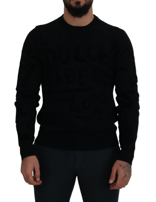 Dolce & Gabbana Zwarte wollen trui met logo-patroon en ronde hals.