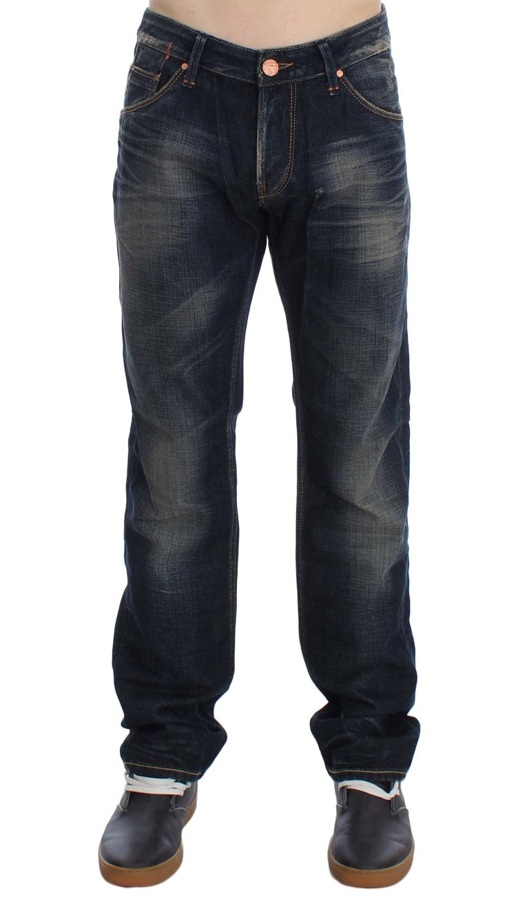 Acht blauwe, rechte, smalle jeans met lage taille