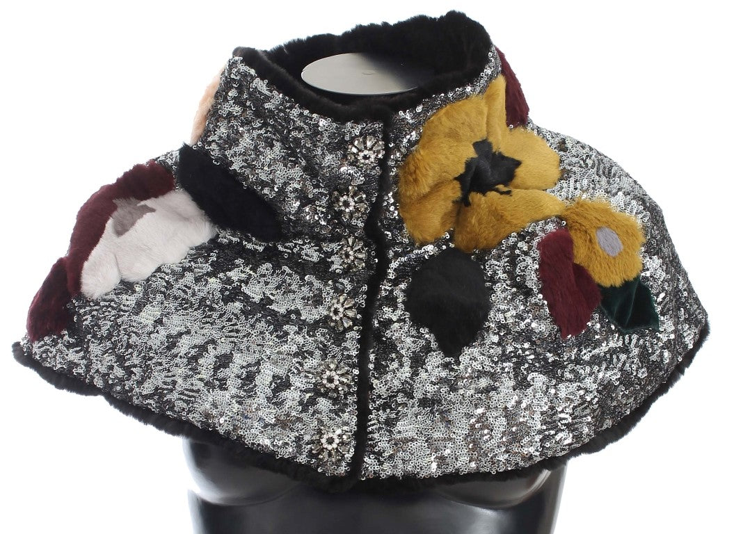 Foulard en fourrure de belette à fleurs et paillettes argentées Dolce &amp; Gabbana
