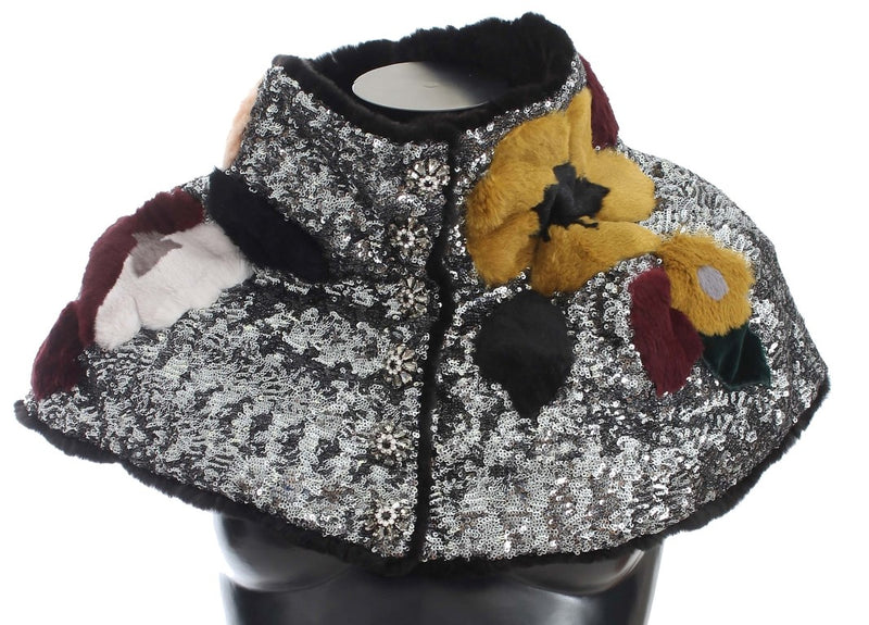Foulard en fourrure de belette à fleurs et paillettes argentées Dolce &amp; Gabbana