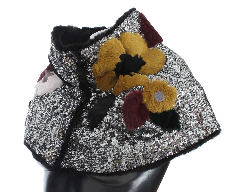 Foulard en fourrure de belette à fleurs et paillettes argentées Dolce &amp; Gabbana