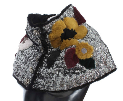 Foulard en fourrure de belette à fleurs et paillettes argentées Dolce &amp; Gabbana