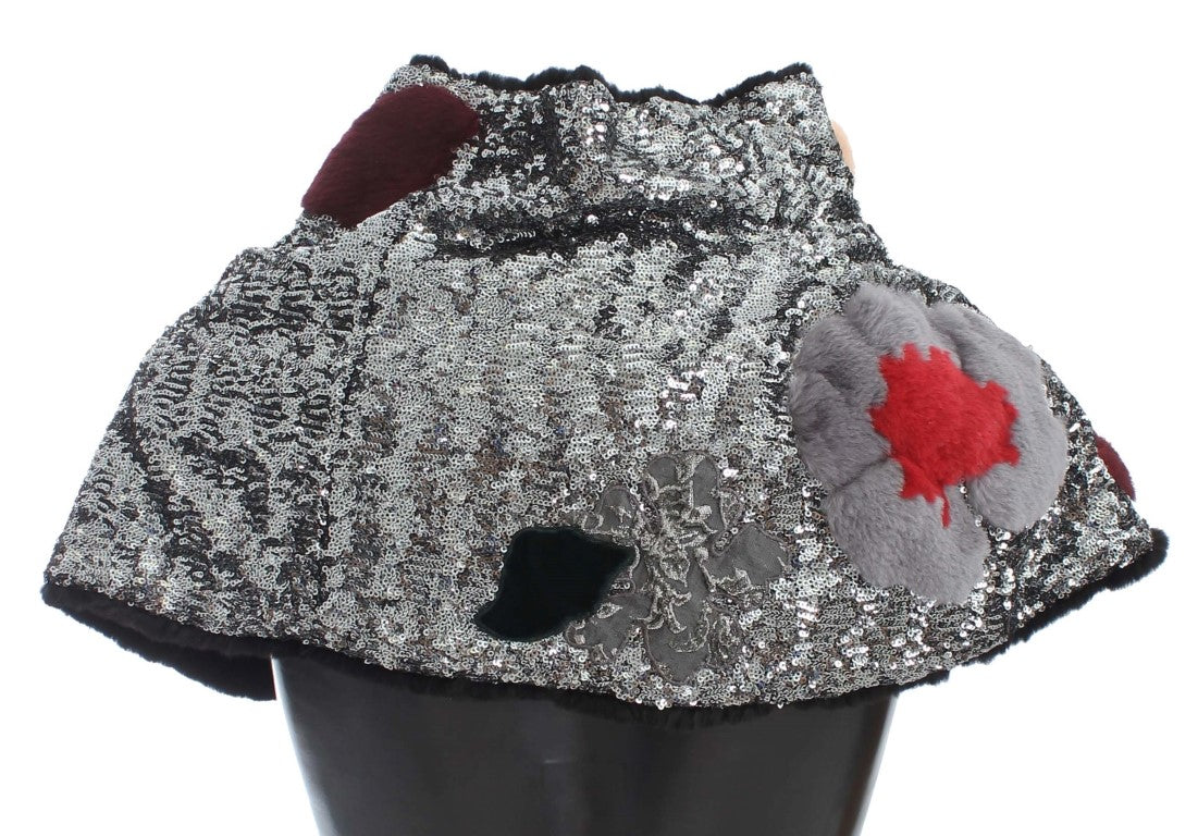Foulard en fourrure de belette à fleurs et paillettes argentées Dolce &amp; Gabbana
