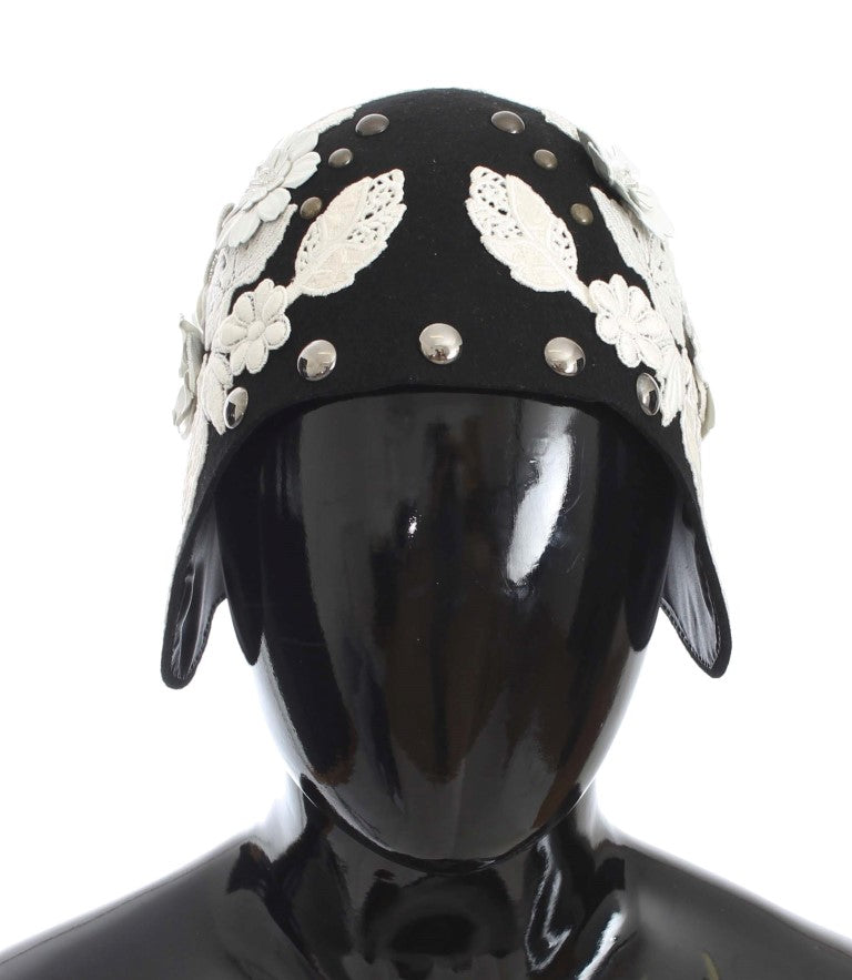 Chapeau Dolce &amp; Gabbana en laine noire à fleurs blanches et feuilles d'or