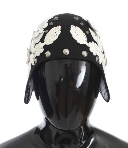 Chapeau Dolce &amp; Gabbana en laine noire à fleurs blanches et feuilles d'or