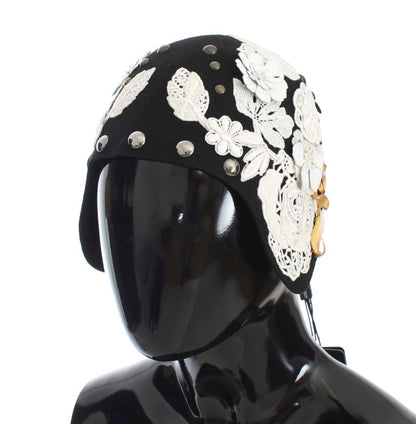 Chapeau Dolce &amp; Gabbana en laine noire à fleurs blanches et feuilles d'or