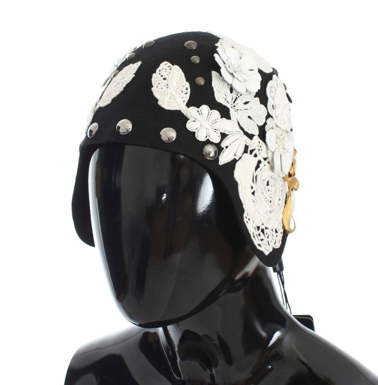 Chapeau Dolce &amp; Gabbana en laine noire à fleurs blanches et feuilles d'or