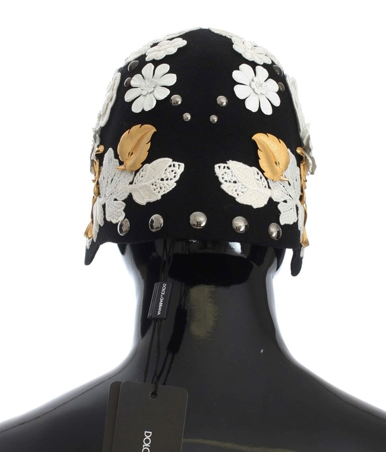 Chapeau Dolce &amp; Gabbana en laine noire à fleurs blanches et feuilles d'or