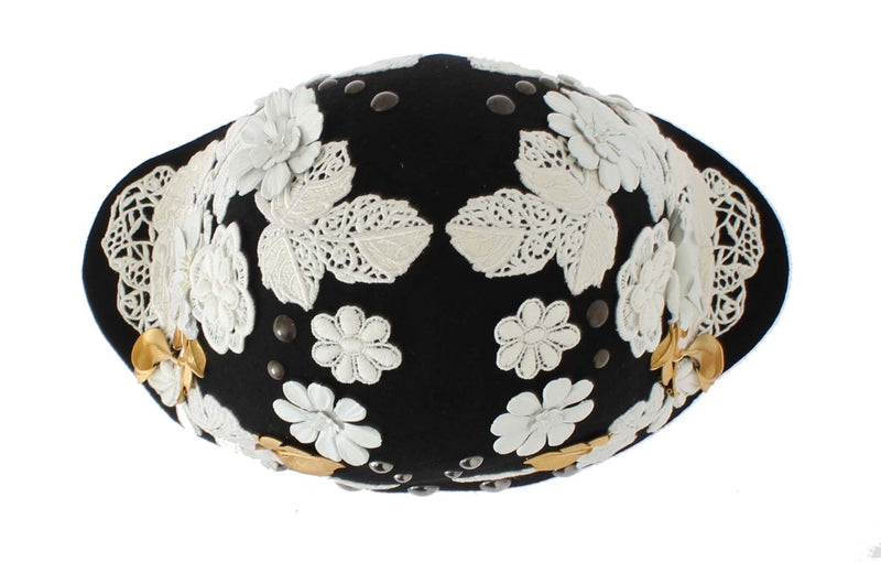 Chapeau Dolce &amp; Gabbana en laine noire à fleurs blanches et feuilles d'or