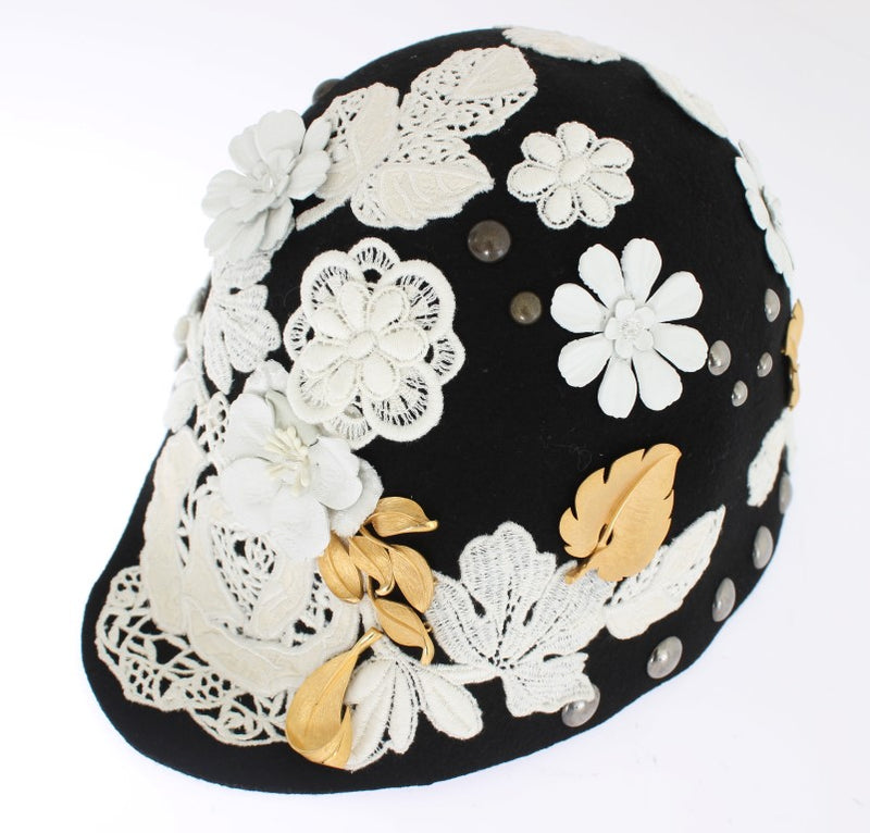 Chapeau Dolce &amp; Gabbana en laine noire à fleurs blanches et feuilles d'or