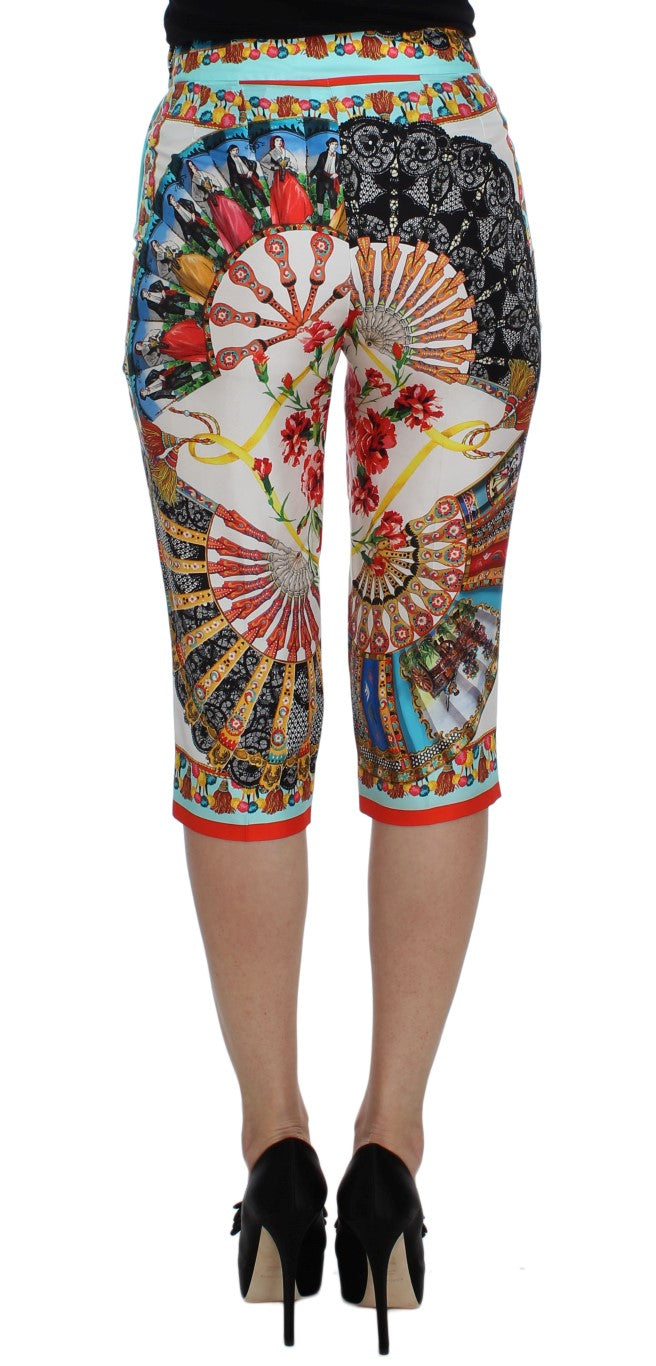 Pantalon en soie multicolore à motifs de majolique sicilienne de Dolce &amp; Gabbana