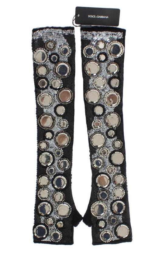 Dolce &amp; Gabbana Zwarte Kasjmier Pailletten Vingerloze Handschoenen