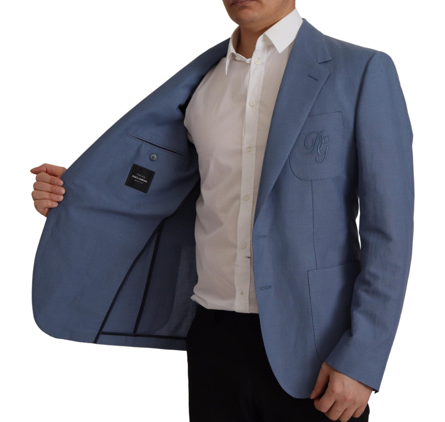 Blauwe, enkelgeknopte blazer met logo van Dolce & Gabbana