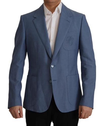 Blauwe, enkelgeknopte blazer met logo van Dolce & Gabbana
