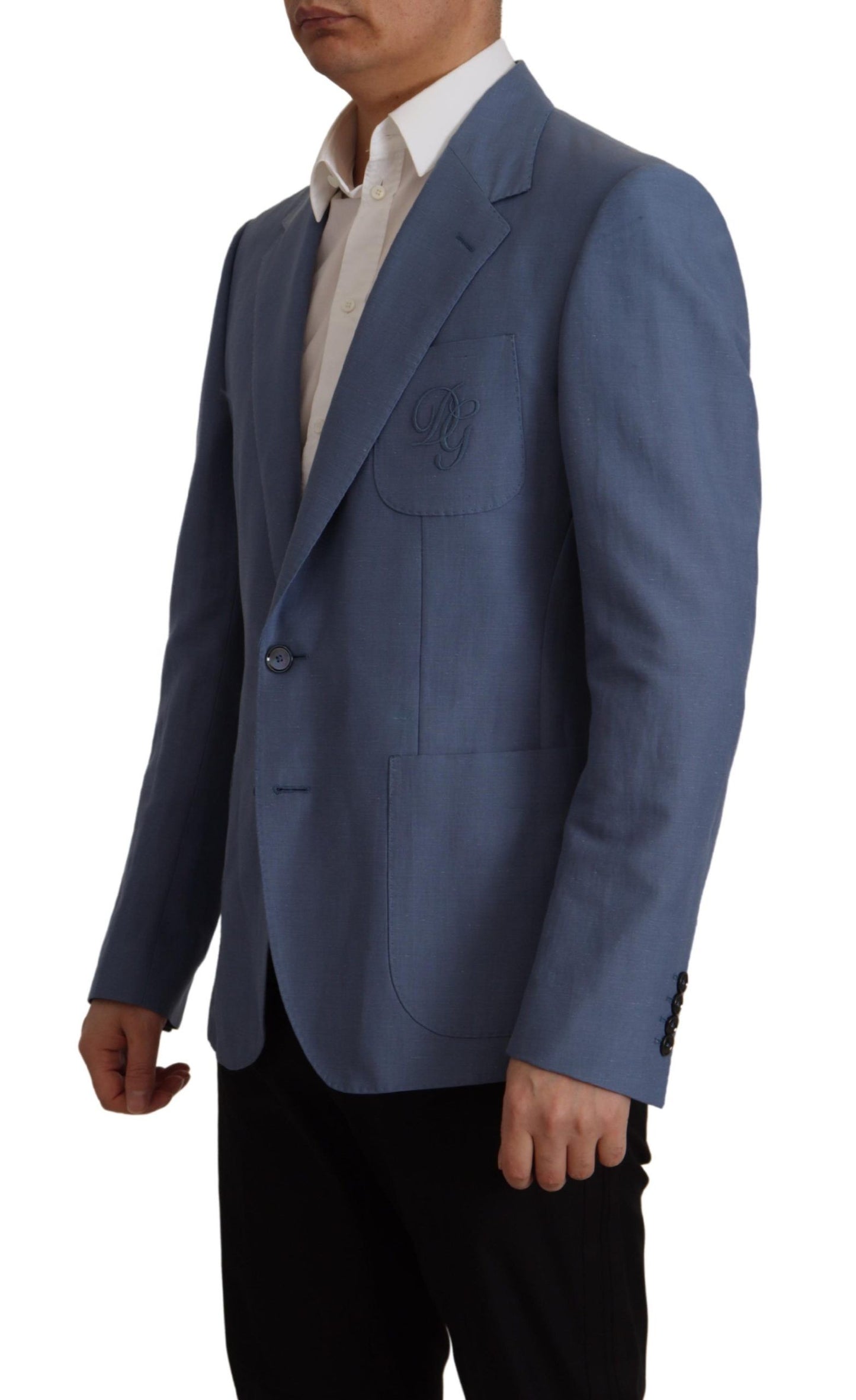Blauwe, enkelgeknopte blazer met logo van Dolce & Gabbana