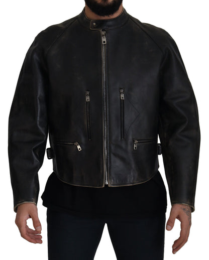 Veste motard en cuir noir à fermeture éclair Dolce & Gabbana