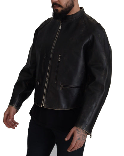 Veste motard en cuir noir à fermeture éclair Dolce & Gabbana