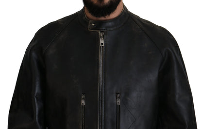 Veste motard en cuir noir à fermeture éclair Dolce & Gabbana