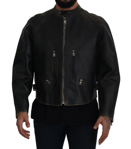 Veste motard en cuir noir à fermeture éclair Dolce & Gabbana