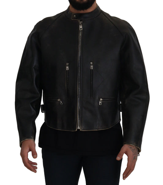 Veste motard en cuir noir à fermeture éclair Dolce & Gabbana