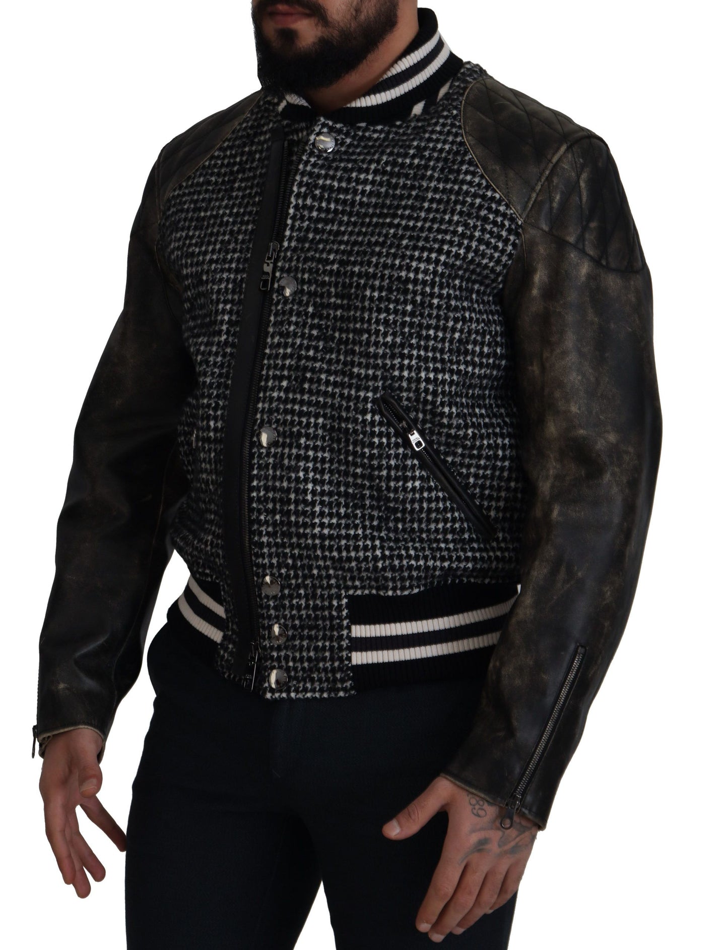 Bomber en polyester noir à carreaux de Prince de Galles de Dolce & Gabbana