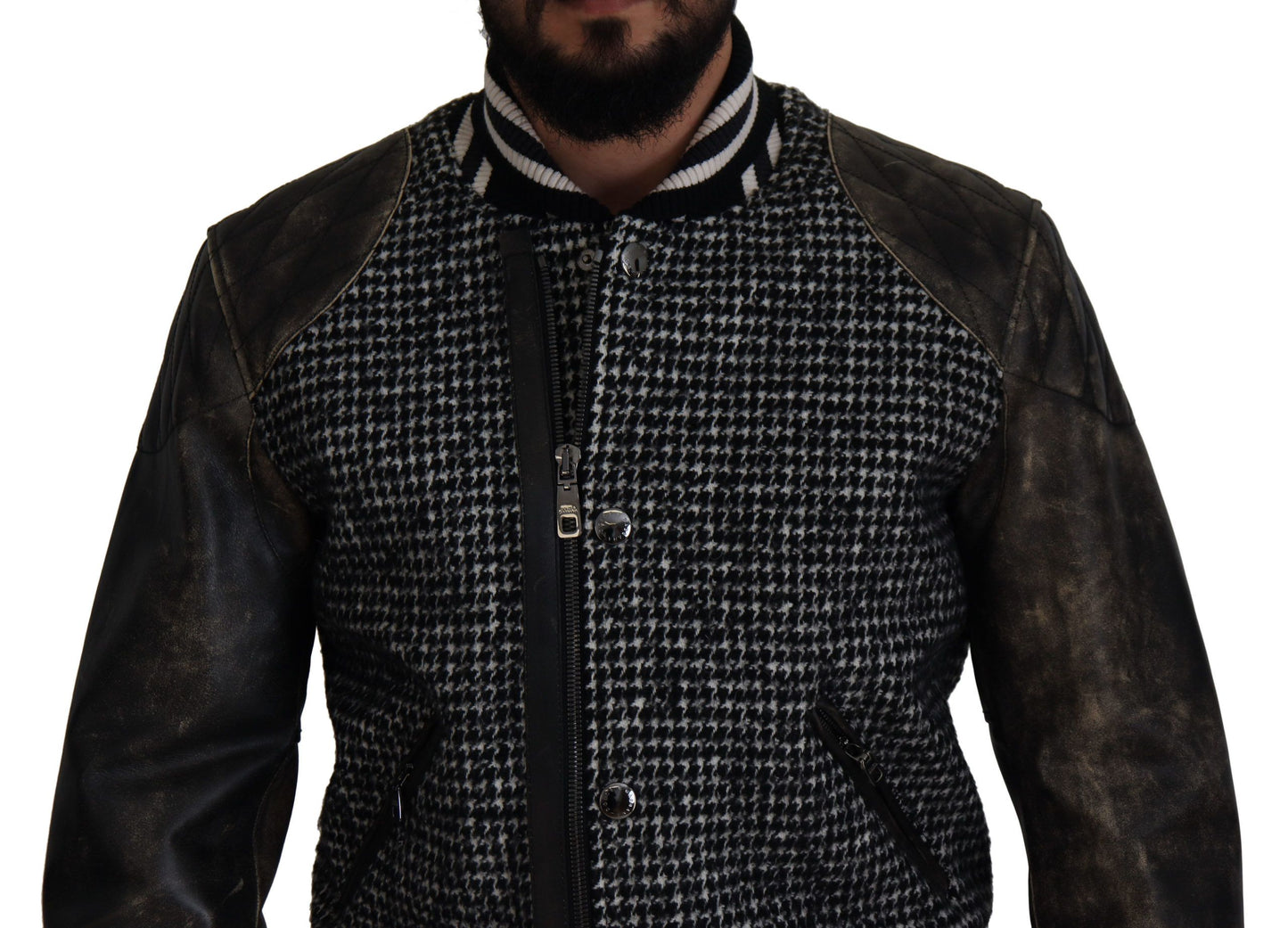 Bomber en polyester noir à carreaux de Prince de Galles de Dolce & Gabbana