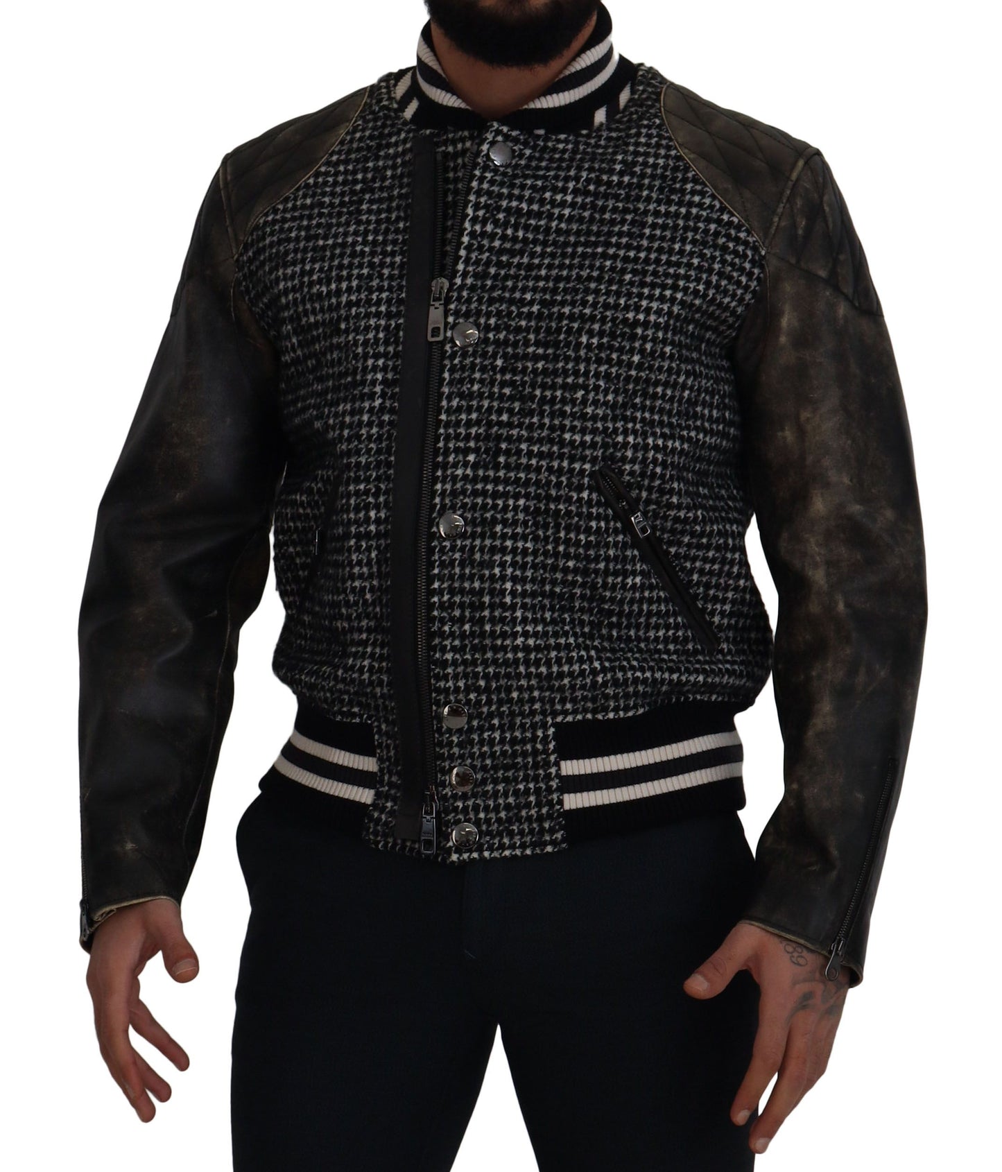 Bomber en polyester noir à carreaux de Prince de Galles de Dolce & Gabbana