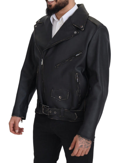 Veste en cuir noir à fermeture éclair, style motard, Dolce & Gabbana