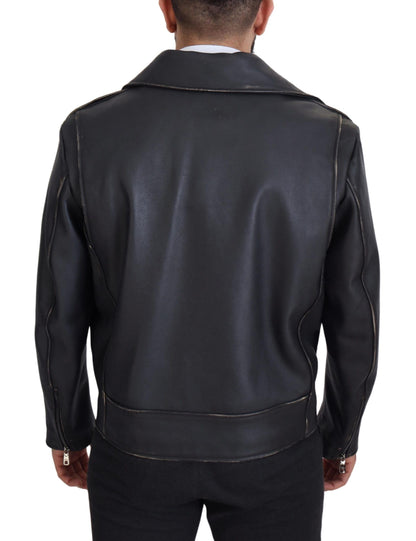 Veste en cuir noir à fermeture éclair, style motard, Dolce & Gabbana