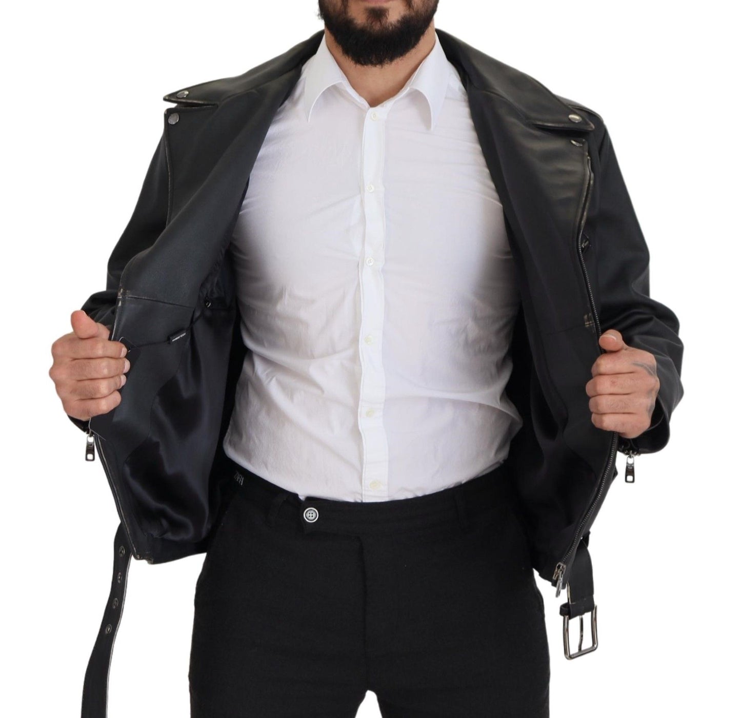 Veste en cuir noir à fermeture éclair, style motard, Dolce & Gabbana