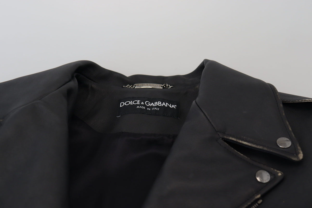 Veste en cuir noir à fermeture éclair, style motard, Dolce & Gabbana