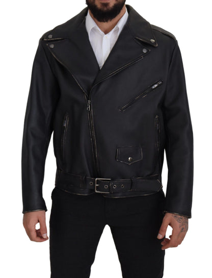 Veste en cuir noir à fermeture éclair, style motard, Dolce & Gabbana