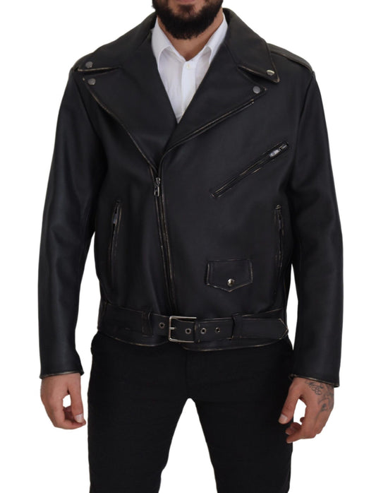 Veste en cuir noir à fermeture éclair, style motard, Dolce & Gabbana