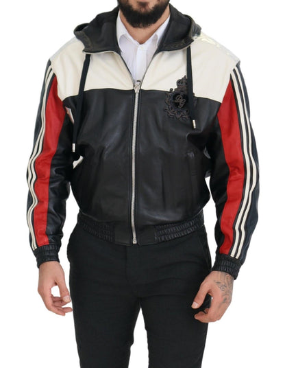 Dolce & Gabbana Veste-blouson en cuir noir avec capuche