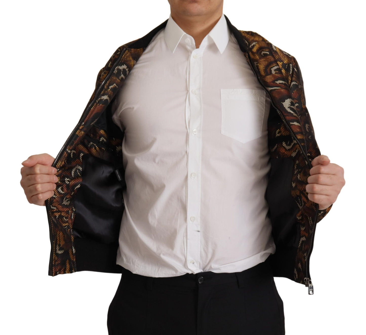 Blouson à fermeture éclair en plumes marron de Dolce & Gabbana