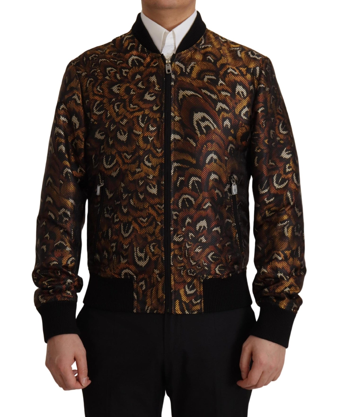 Blouson à fermeture éclair en plumes marron de Dolce & Gabbana