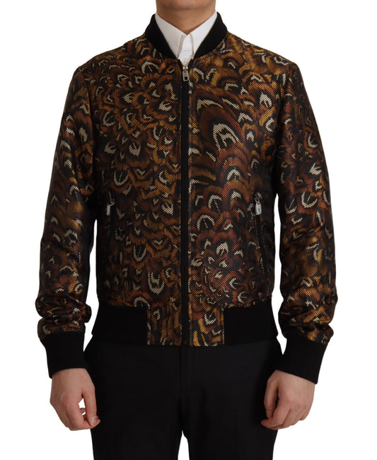 Blouson à fermeture éclair en plumes marron de Dolce & Gabbana