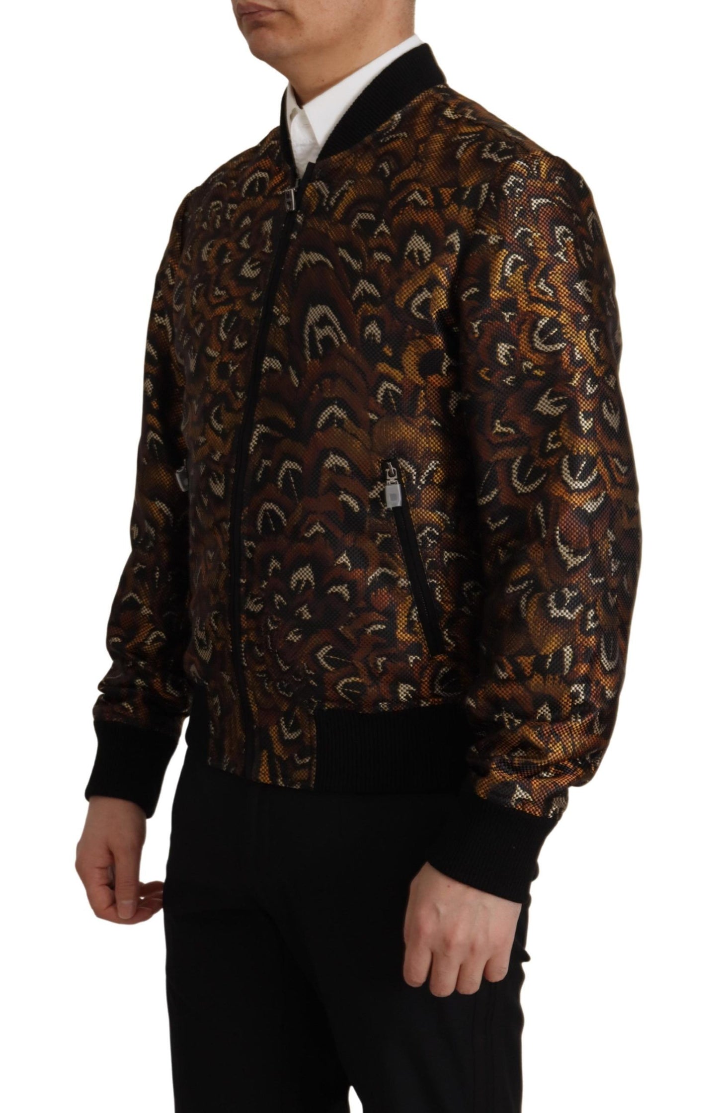 Blouson à fermeture éclair en plumes marron de Dolce & Gabbana