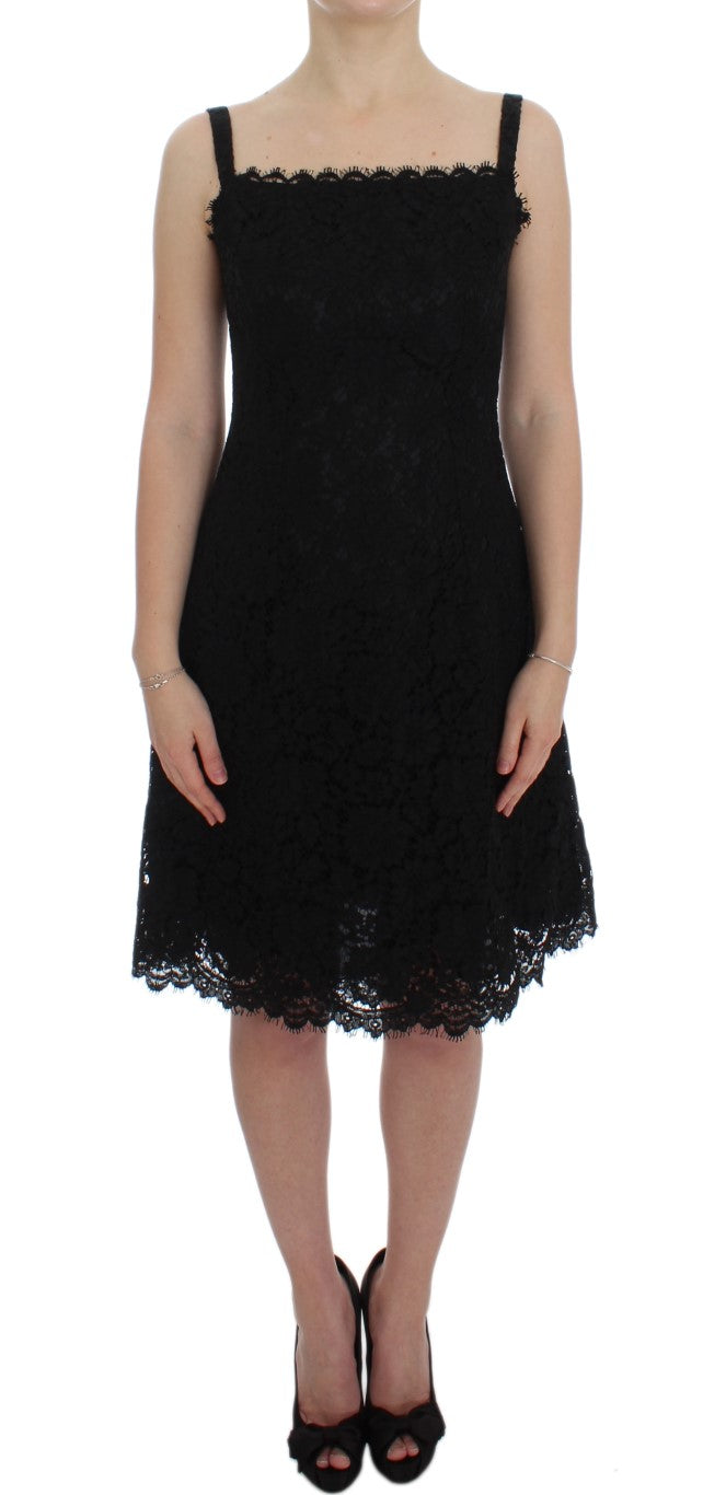 Robe portefeuille en dentelle florale noire, longueur genou, Dolce &amp; Gabbana