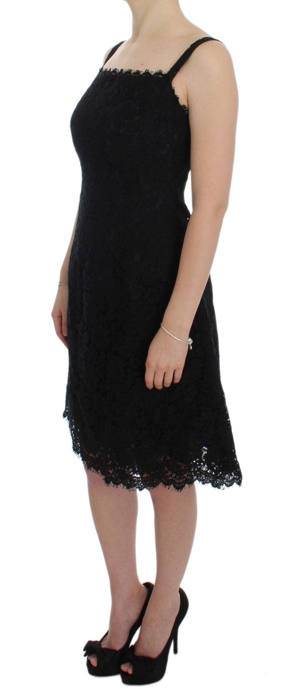 Robe portefeuille en dentelle florale noire, longueur genou, Dolce &amp; Gabbana