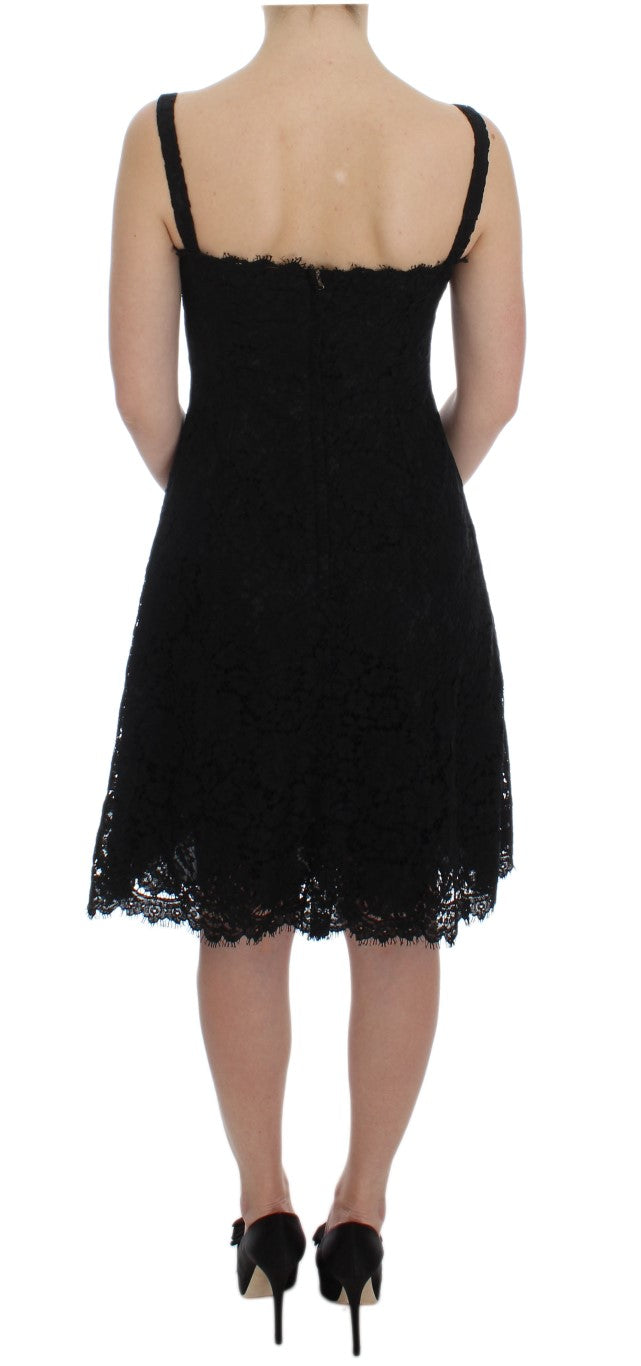 Robe portefeuille en dentelle florale noire, longueur genou, Dolce & Gabbana