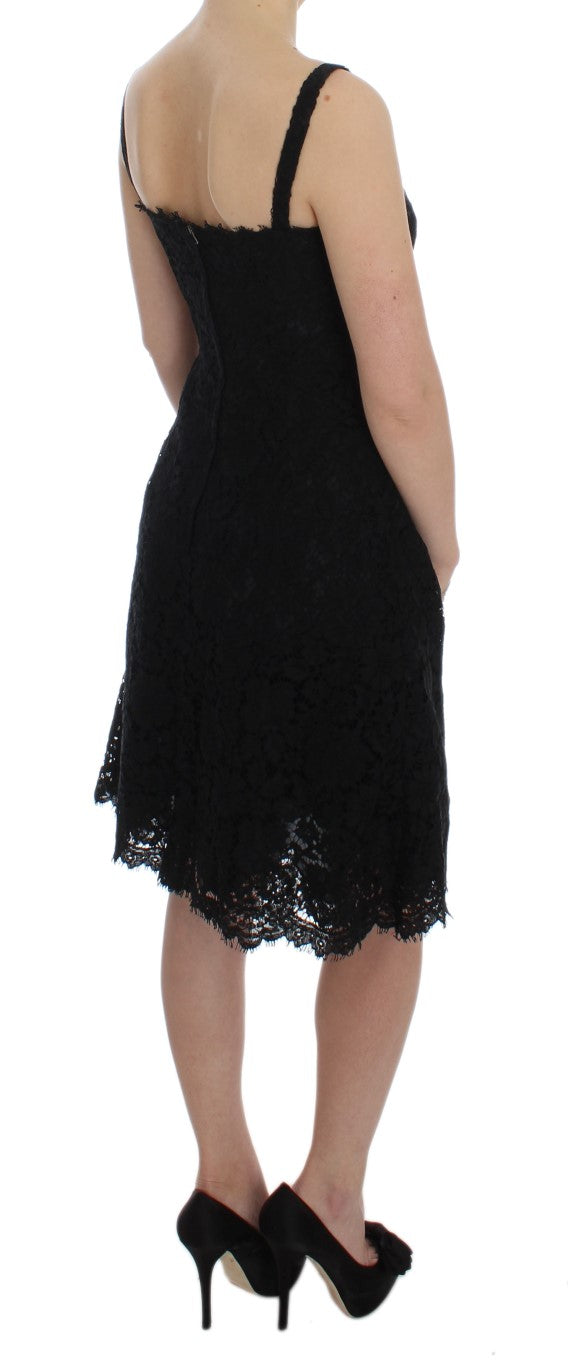 Robe portefeuille en dentelle florale noire, longueur genou, Dolce &amp; Gabbana