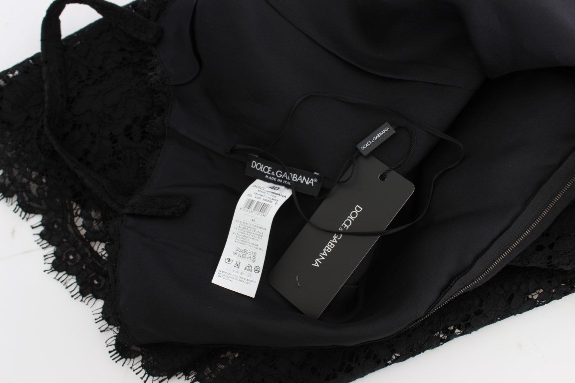 Robe portefeuille en dentelle florale noire, longueur genou, Dolce & Gabbana