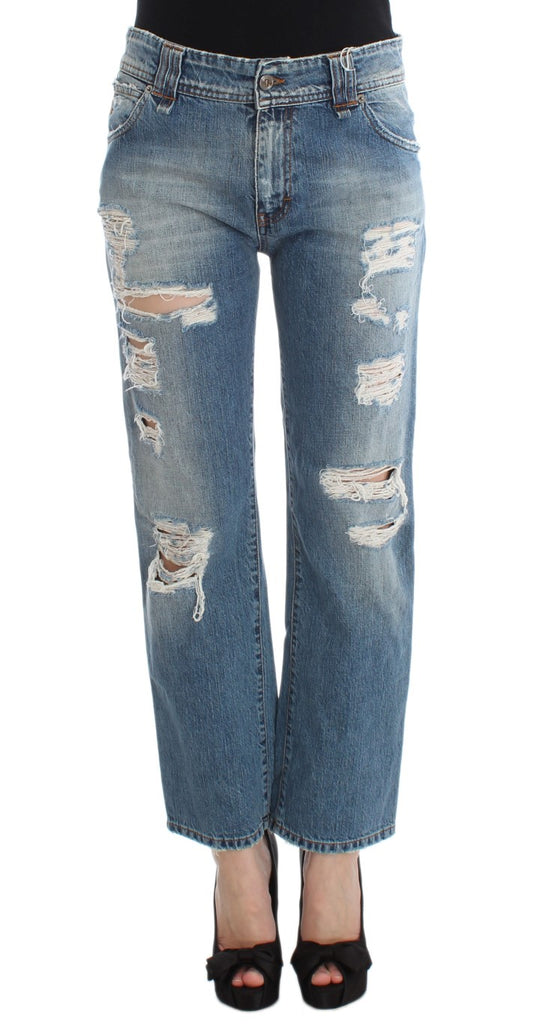 Jean boyfriend taille courte en coton bleu lavé de John Galliano