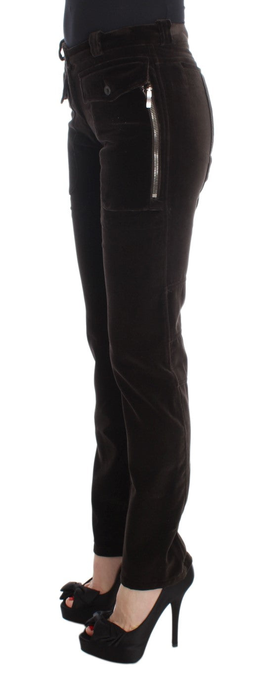 Pantalon slim en velours de coton marron avec zips d'Ermanno Scervino